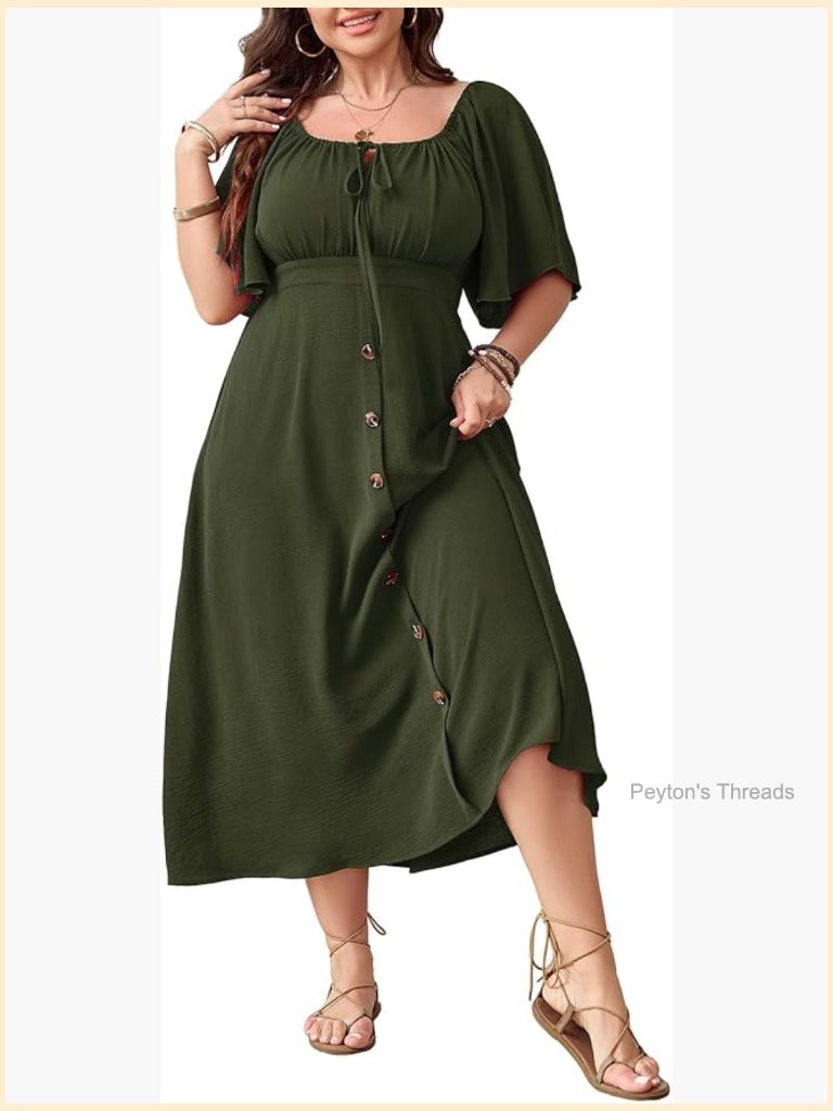 Plus Size Summer Maxi Dress Short Sleeve Square Neck Tie Front Smocked Button